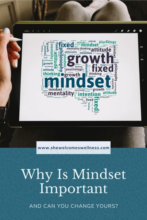 Pinterest Pin:  woman writing on ipad with pen, creating word art including words about why mindset is so important in life: mindset, growth, fixed, philosophy, mentality, thinking