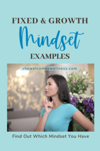 Pinterest Pin, thinking woman, dark hair, blue shirt, text: Fixed and Growth Mindset Examples: Find Out Which You Have