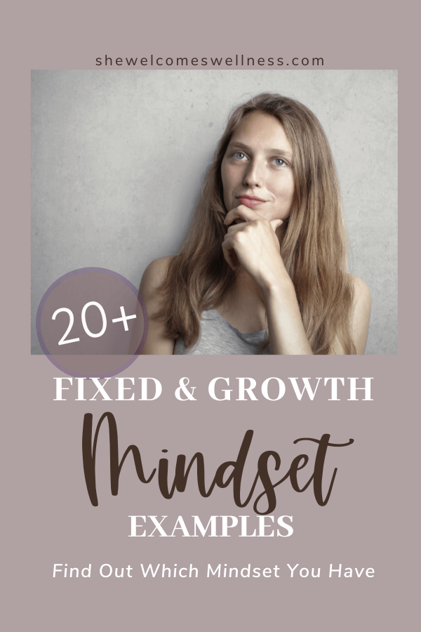 Pinterest Pin, thinking, smiling woman, text: Fixed and Growth Mindset Examples: Find Out Which You Have