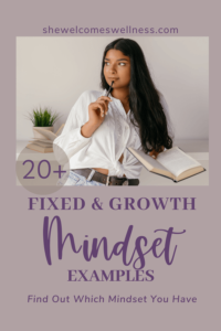 Pinterest Pin, thinking woman, dark hair, holding a book, text: Fixed and Growth Mindset Examples: Find Out Which You Have