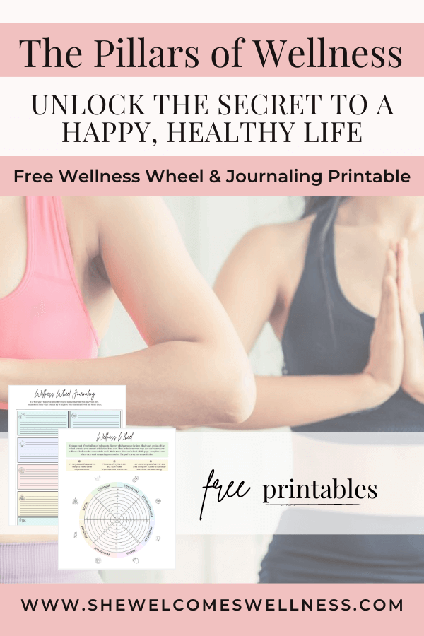 Pillars of Wellness, Free printables-Pinterest Pin, women practicing yoga