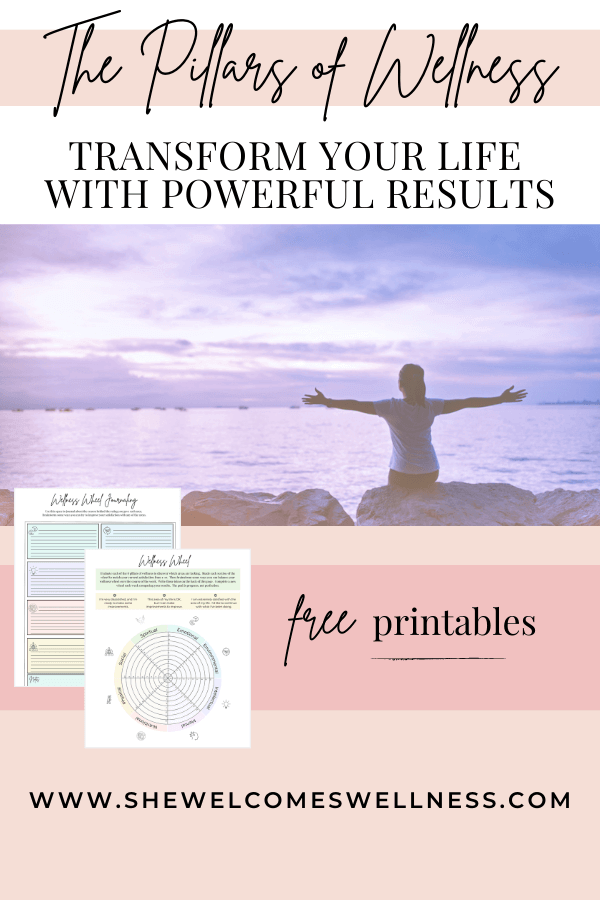 Pillars of Wellness, Free printables-Pinterest Pin, woman sitting on rocks overlooking beach with arms outstretched