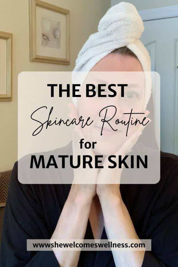 Pinterest Pin: woman washing face, text overlay: The Best Skincare Routine for Mature Skin