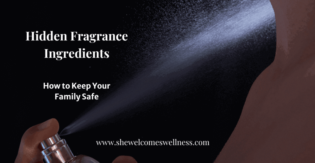 woman spraying perfume black background, text: Hidden Fragrance Ingredients: How to Keep Your Family Safe