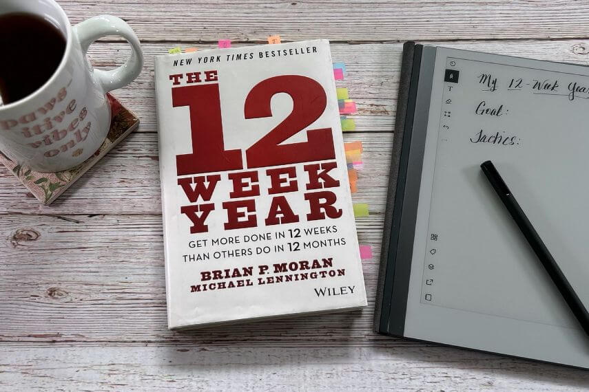 12 Week Year book, digital notebook, digital pencil, and cup of tea