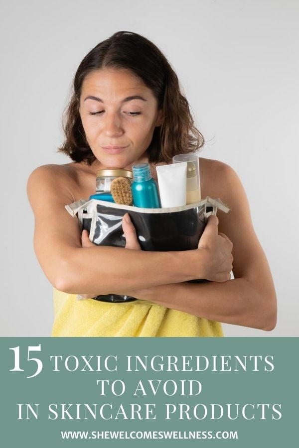 Pinterest Pin: concerned woman considering her bag of personal care products, text: 15 Toxic Ingredients to Avoid in Skincare Products