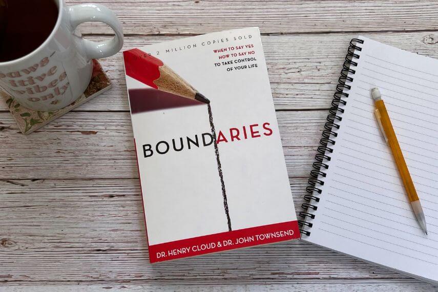 Boundaries book,notebook, pencil, and cup of tea