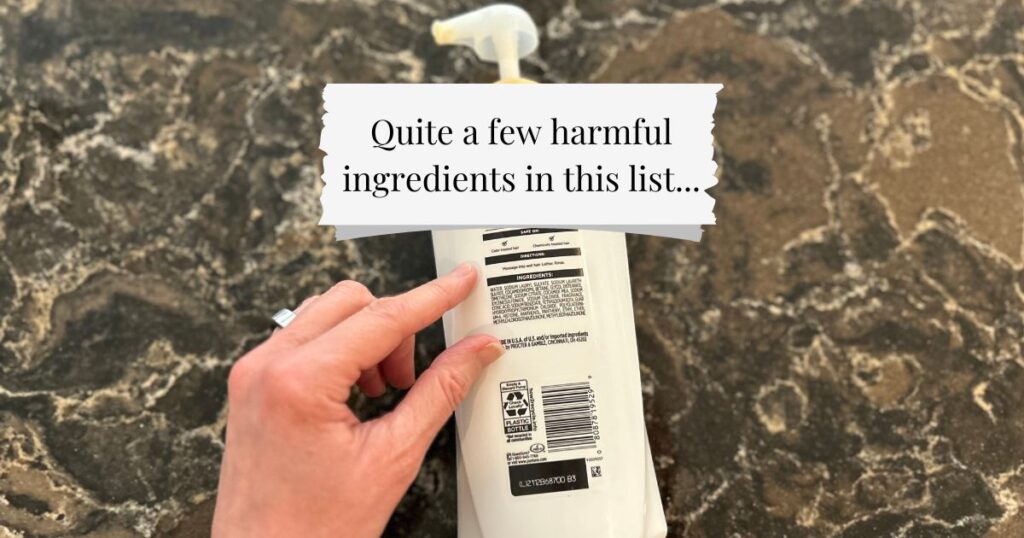 Image of hand pointing to ingredient list on a shampoo bottle with the text above "Quite a few harmful ingredients in this list..."