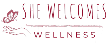 A logo reading "She Welcomes Wellness" features a stylized hand with a butterfly, symbolizing healing and serenity. The tone is calming and inviting.